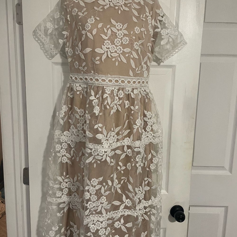 Polagram Elegant Floral Lace Overlay Nude Dress In Size S